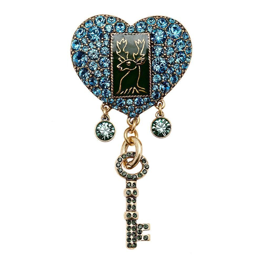 Pilgrim Skanderborg Blue Crystal Heart With Dangling Goldtone and Crystal Brooch